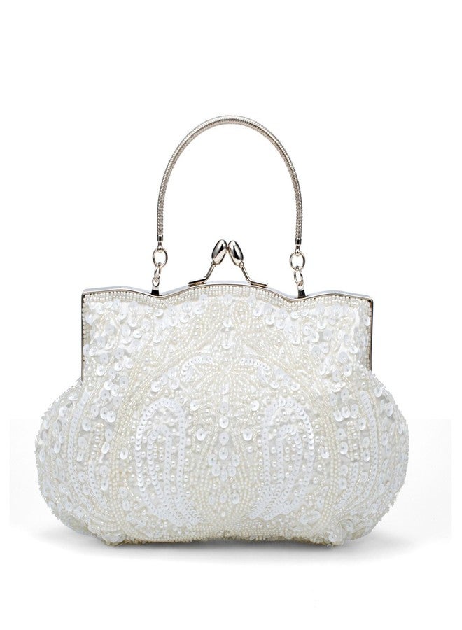Simcat Beaded Sequin Flower Evening Purse Large Clutch Bag (White) - Image 1